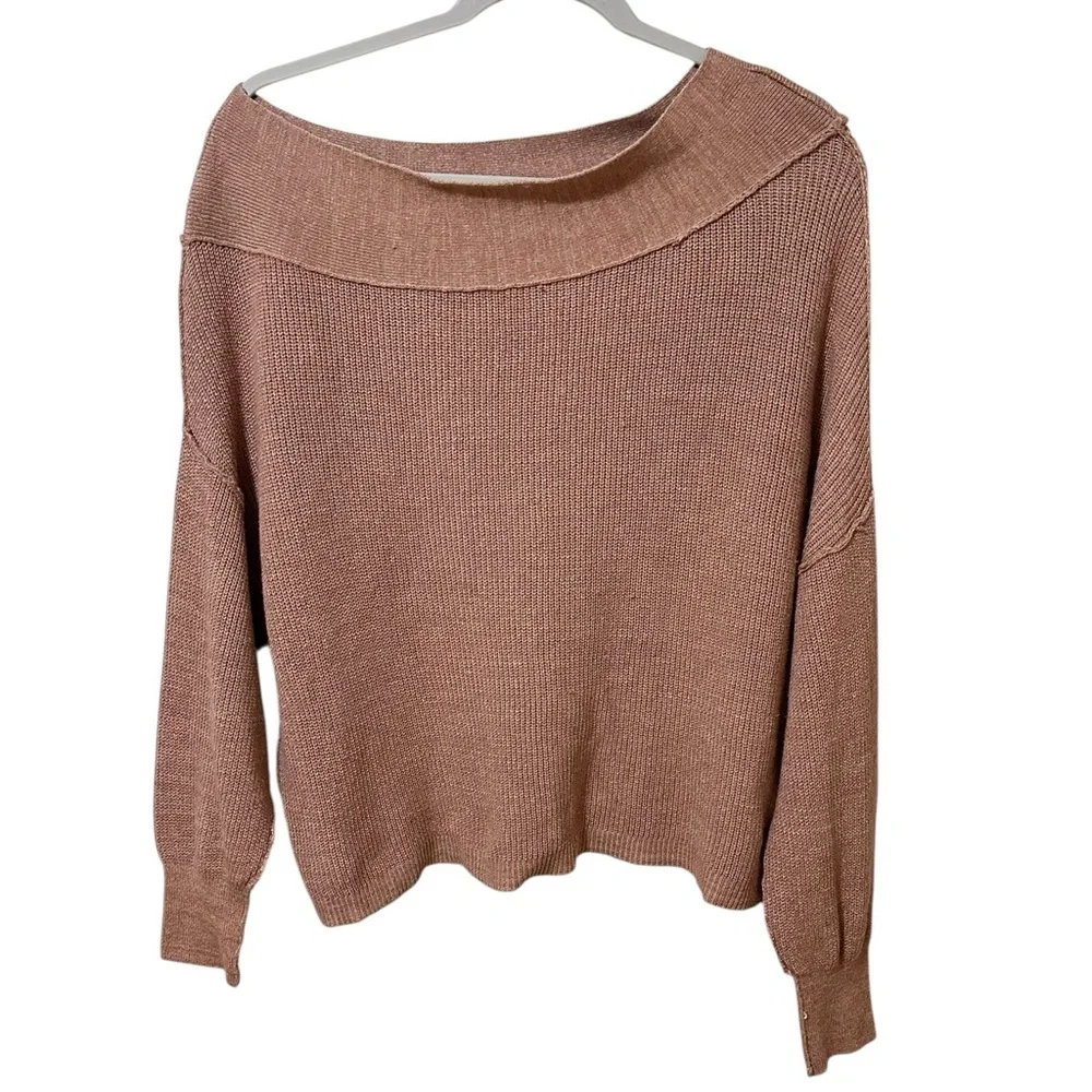 FREE PEOPLE Alana light brown off the shoulder linen/cotton blend sweater Small